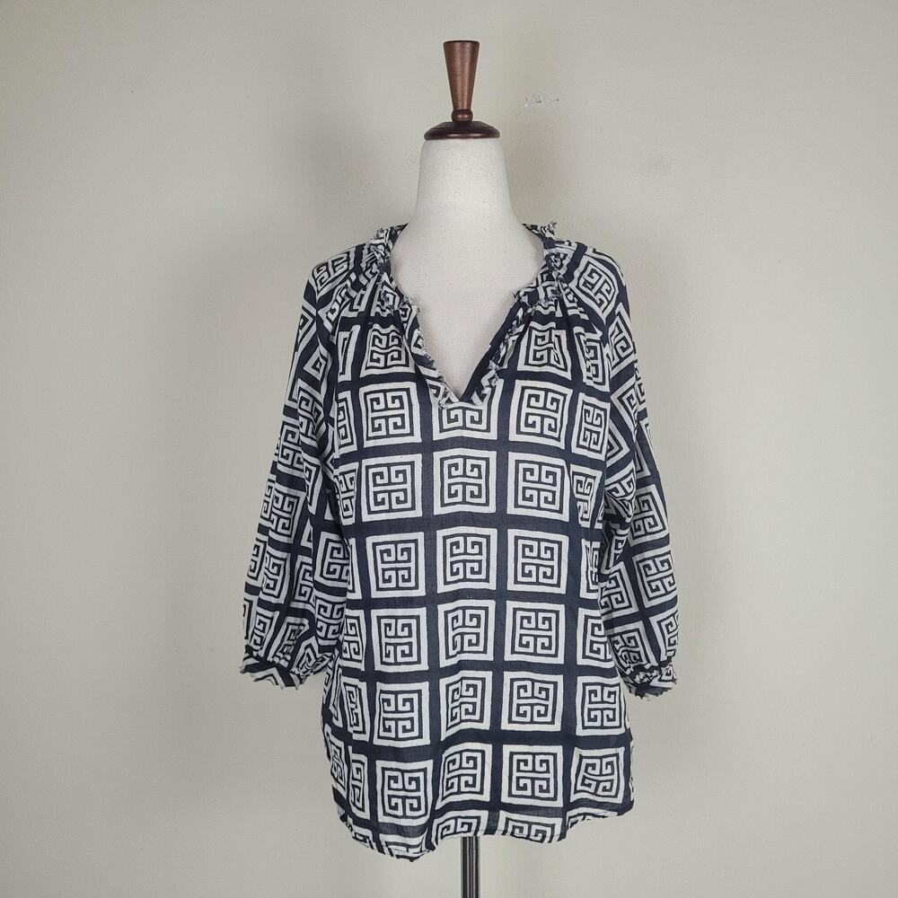Sohana Blouse Medium Black Geometric Ruffle Resort‎ Boho Frayed Blouse Abstract
